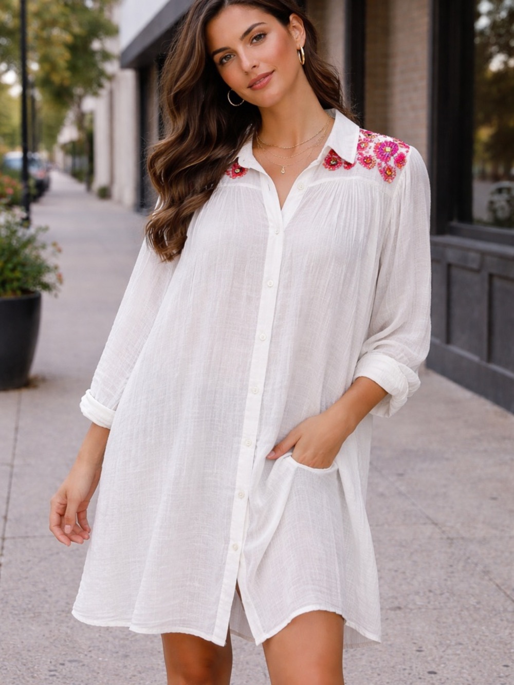 Embroidered Shoulder White Button-Down Shirt Dress